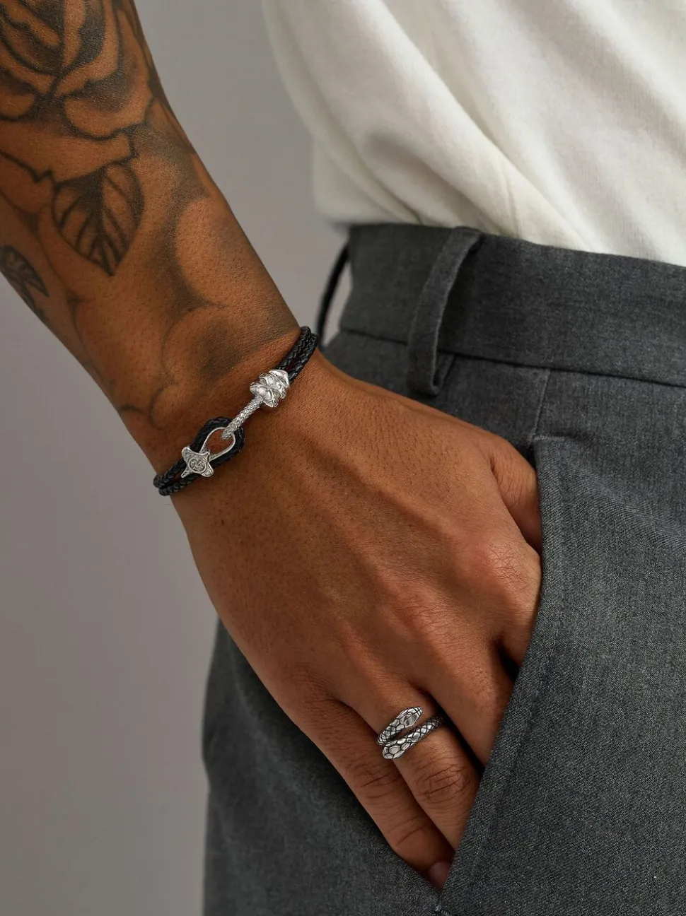 Black Leather Bracelet with Silver Rope Clasp