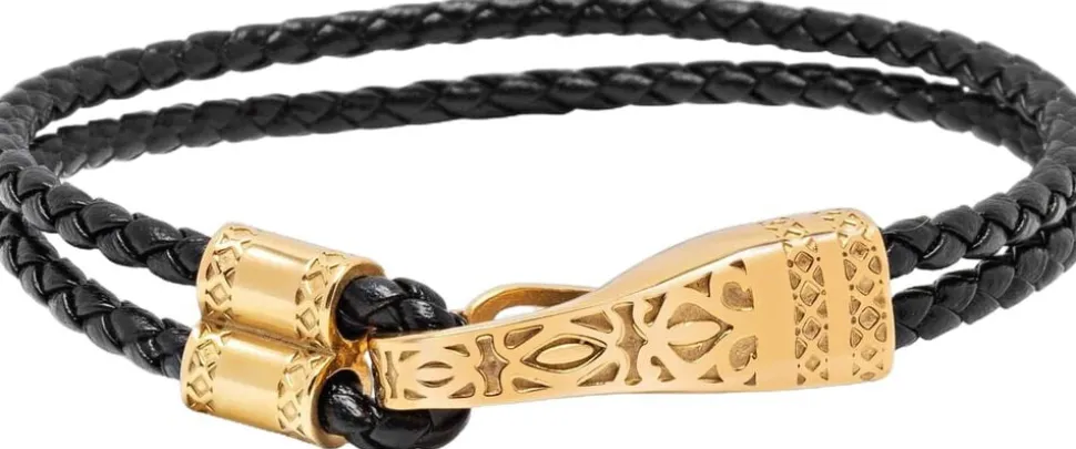 Black Leather Bracelet with Gold Clasp