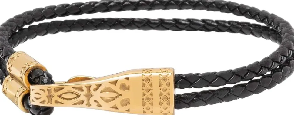 Black Leather Bracelet with Gold Clasp