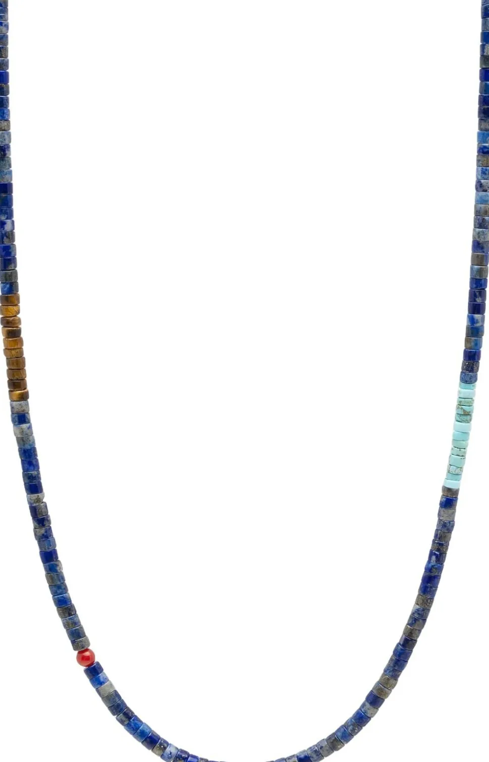 Blue Lapis Heishi Necklace with Tiger Eye and Turquoise