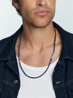 Blue Lapis Heishi Necklace with Tiger Eye and Turquoise