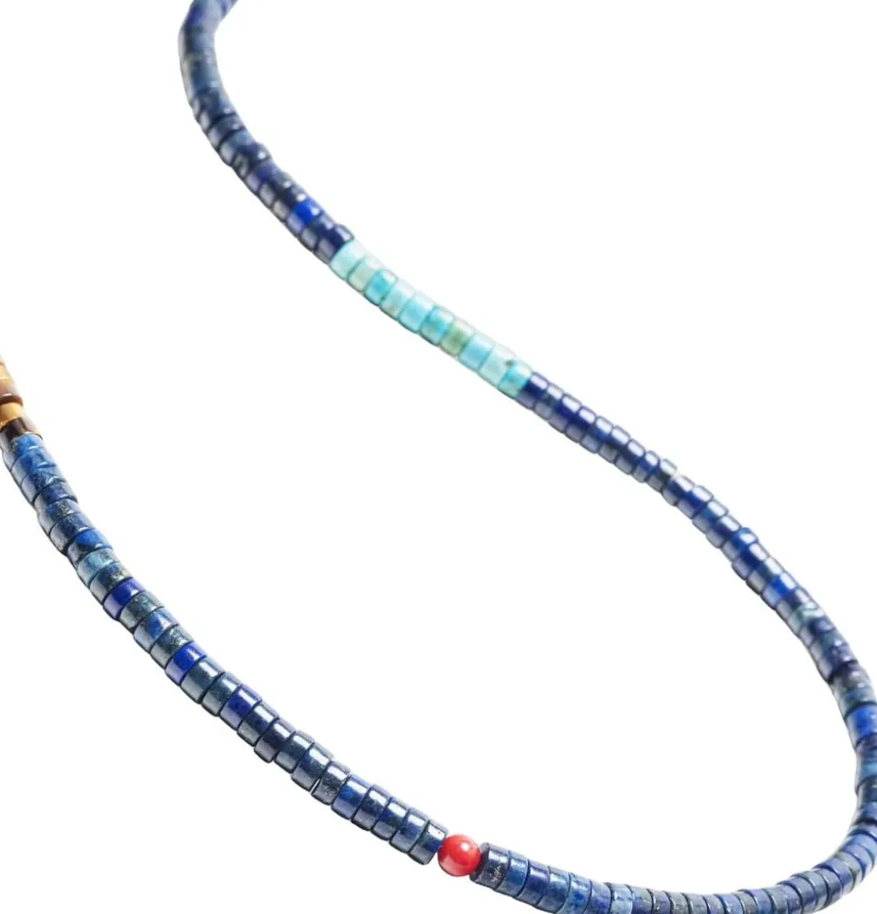 Blue Lapis Heishi Necklace with Tiger Eye and Turquoise