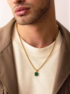Gold Necklace with Square Malachite Pendant