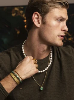 Men's Beaded Bracelet with Malachite and Gold Plating