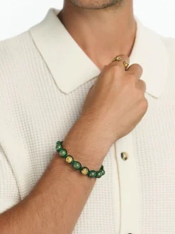 Men's Beaded Bracelet with Matte Green, Glossy Green Ceramic & Silver