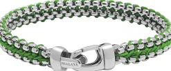 Men's Green Woven 8mm Box Chain Bracelet in Silver