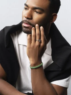 Men's Green Woven 8mm Box Chain Bracelet in Silver