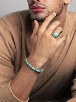 Men's Hexagon Beaded Bracelet with Green Turquoise and Gold