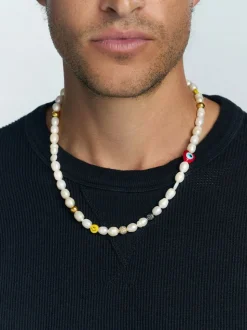 Men's Smiley Face Pearl Necklace with Assorted Beads