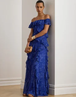 Print Ruffle-Trim Off-the-Shoulder Gown