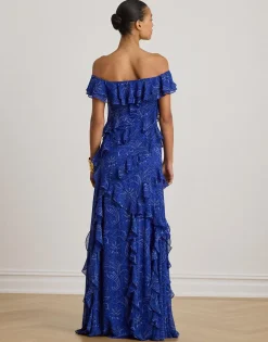 Print Ruffle-Trim Off-the-Shoulder Gown