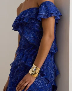 Print Ruffle-Trim Off-the-Shoulder Gown