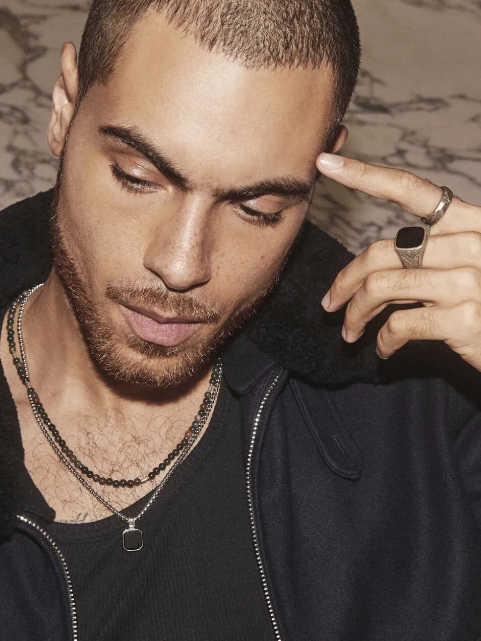 Silver Necklace with Square Matte Onyx Pendant