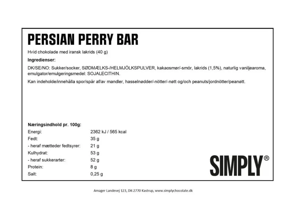 Simply® PERSIAN PERRY chokoladebar (40g)